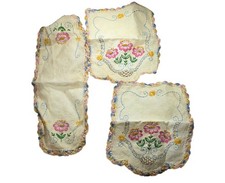 Vtg Hand-Embroidered Floral Dresser Scarf Set  Crocheted Edges 3 pieces granny picture
