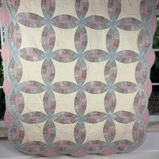 Vintage Handmade Quilt Double Wedding Ring Multicolor Pink Blue White Patchwork picture