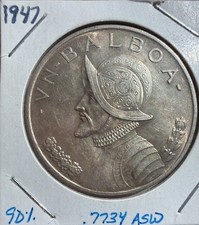 1947 Panama 1 Balboa .900 Silver Coin - Original Luster & Blue Tones picture