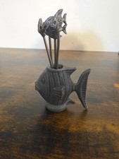 Vintage Mid Century Pewter Fish Cocktail Picks Set of 4 Hors D'oeuvres Appetizer picture