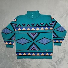 VTG Lindsay Gray Sweater Men Large Teal Geometric Mock Neck Southwest 90s Retro picture