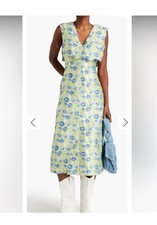 GANNI Jacquard Floral Maxi Dress Green/Blue V-Neck Sleeveless Ruffle Zip S picture