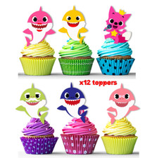 12x EDIBLE Baby Sharks Wafer Card Sheet Stand up Cupcake Cake Toppers UNCUT picture