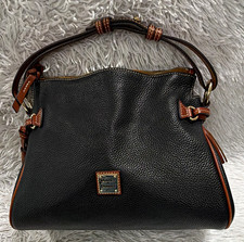 Dooney & Bourke Black Pebbled Shoulder Bag Zip Tassel Brown Trim Red Lining picture