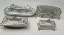 Antique Rossetti Hand Painted Gold Gilt Porcelain Desk Set w Inkwell 1914 13 pcs picture