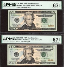 2004 $20 SAN FRANCISCO FRNs. 2 Consecutive PMG SUPERB GEM Uncirculated 67 EPQ. picture