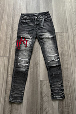 AMIRI Men’s Black Distressed Skinny Slim Jeans Charcoal Wash Embroidered Red picture