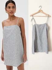 Reformation SMALL Aubree 100% linen grey white striped tie strap mini dress picture