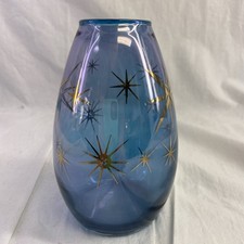 Vintage Bartlett Collins MCM Art Glass Retro Blue Vase Gold Atomic Starburst picture