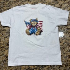 Vintage Hanes Heavyweight 50/50 USA Teddy Bear Flag T-Shirt Youth Medium White v picture