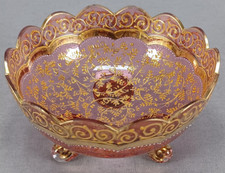 Antique Moser Bohemian Raised Gold Floral Scrollwork Cranberry Footed Bowl B picture