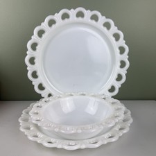 Vintage 1959-1976 Anchor Hocking Lace Edge Milk Glass White, 3 Pcs Serving Torte picture