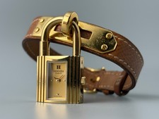 [Excellent] HERMES Kelly Gold Swiss Qz Women's Padlock Watch Brown Belt picture