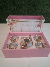 Vintage Floral Porcelain Tea Set 4 Cups 1 Teapot Miniature Gift Box Set Gold picture