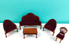 Vintage Dollhouse Miniature Red Velvet Wooden Furniture Lot picture