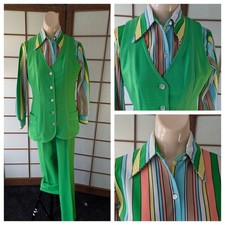 Vtg 1970s Koret of Calif Vibrant Green 3 Pc Vest Pant Suit & Top Hippy Mod GoGo picture