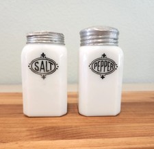 Vintage Hazel Atlas Salt & Pepper Shakers Black Art Deco Shield picture