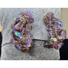 Vintage Lavender Aurora Borealis Crystal Cluster Clip On Earrings Silver Tone picture