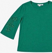 Chico's Women’s L Green Scoop Neck 3/4 Sleeve Knit Embroidered Pullover Top picture