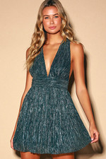 NWT Lulus Ailey Gold & Teal  Skater Dress XS picture