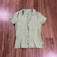 Madewell Blouse Womens XS Green Crinkle Button Front V Neck Short Sleeve Top picture