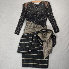 Mignon Anne Marie Gabalis Vintage 80s Dress Black Gold Sequin Bow Union Made 4 picture