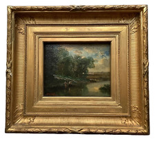 HENRI VAN WYK (1833-1889) SIGNED - ANTIQUE DUTCH OIL 1880's - FISHERMEN  - RIVER picture