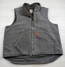 Vtg Carhartt V33 Vest Gravel Gray Canvas Sherpa Lined Faded Grunge Work Mens L picture