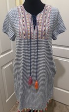 WOMEN'S ODDY striped  embroidered  BOHO COTTAGE DRESS anthropology blue white  picture