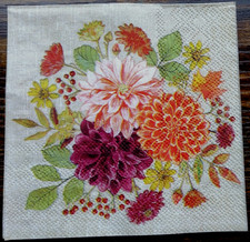 STUNNING FALL AUTUMN FLORALS DAHLIAS & MUMS ~ 2 Paper BEVERAGE Napkins Decoupage picture