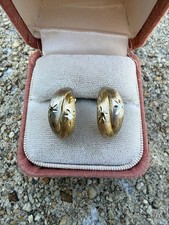 Vintage 10k Two Tone Gold Double Diamond Cut Satin Finish Half .7” Hoop Earrings picture