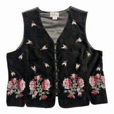 Vintage Tantrums Velvet Vest Womens Medium Brown Floral Embroidery Button Front picture