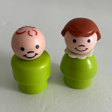 Vintage Fisher-Price Little People Figures Lime Green Boy Girl Bald Brown Hair picture