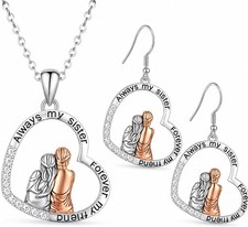 SUPAC 3PCS Sister Love Heart Necklace & Earrings Set - White Gold Plated picture