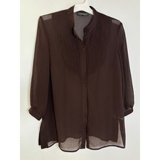 Studio I Brown Sheer Pleated Bib Button Down Blouse Mandarin Collar Size 10 picture