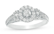 Zales 14k White Gold Round Diamond Halo Engraved Engagement Ring Size 7 picture