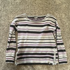 T by Talbots Women's XS Gray Purple Black White Striped Round Neck Button Knit picture