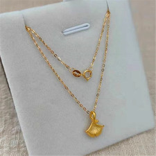 Pure 999 24K Yellow Gold Ginkgo Pendant With 18K O Link Necklace 17.9inch picture