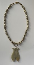 Vtg Carved Jade Double Fish Pendant Necklace Beads Boho Pisces Koi Carp picture