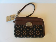 NWT Fossil “Maddox” Wristlet Black Tan Aztec Diamond Brown Leather Geometric picture