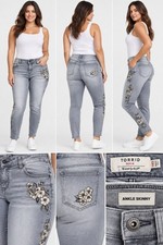 Torrid Women’s 14S Ankle Skinny Jeans Gray Floral Embroidered Stretch Denim picture