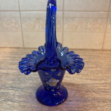 Fenton 7” Hand-Painted Blue Glass Basket Blue Flax Artist Signed By S Smith picture