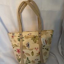 Longaberger Homestead Botanical Floral Butterfly Canvas Tote Bag Cream Tan NEW picture