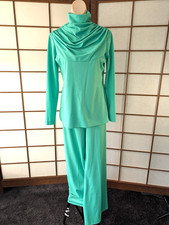 Vintage 60s 70s Green Knit Pant Tunic Suit Rusched Cowl Neckline Flare Legs Mod picture