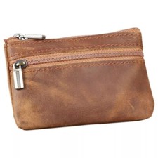 Brown Genuine Leather Small Coin Holder Change Purse Zipper Key Card Wallet picture