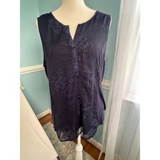RXB Women Indigo Blue Embroidered Sleeveless Top Split Neck Tank XL picture