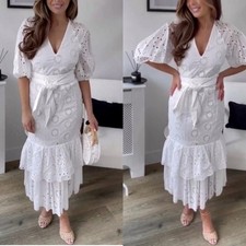 Zara Bloggers Fav Oyster White Belted Embroidered Tiered V-Neck Midi Dress Sz M picture