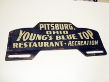 Circa 1940s Young’s Blue Top Restaurant Tin License Topper, Pitsburg, Ohio picture