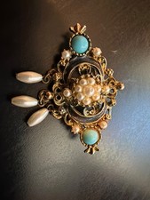 Vintage Signed Florenza Gold Heart Turquoise Cabochon & Rhinestones Pin Brooch picture