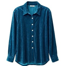NEW Ali Miles Women's 2X Teal Crushed Velour Button Down Shirt Long Sleeve picture